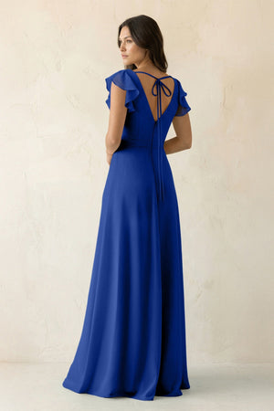V - Neck Ruffled A - Line Chiffon Bridesmaid Dress in Royal Blue - SHE IS ME Bridesmaid Dresses