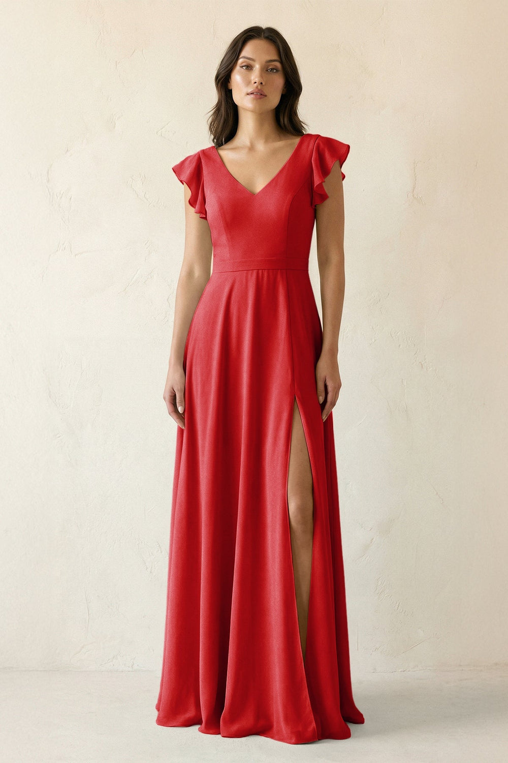 V - Neck Ruffled A - Line Chiffon Bridesmaid Dress in Ruby Red - SHE IS ME Bridesmaid Dresses