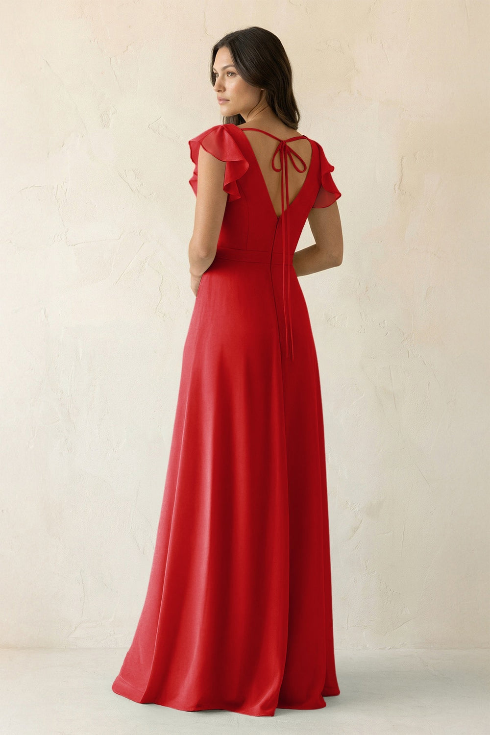 V - Neck Ruffled A - Line Chiffon Bridesmaid Dress in Ruby Red - SHE IS ME Bridesmaid Dresses