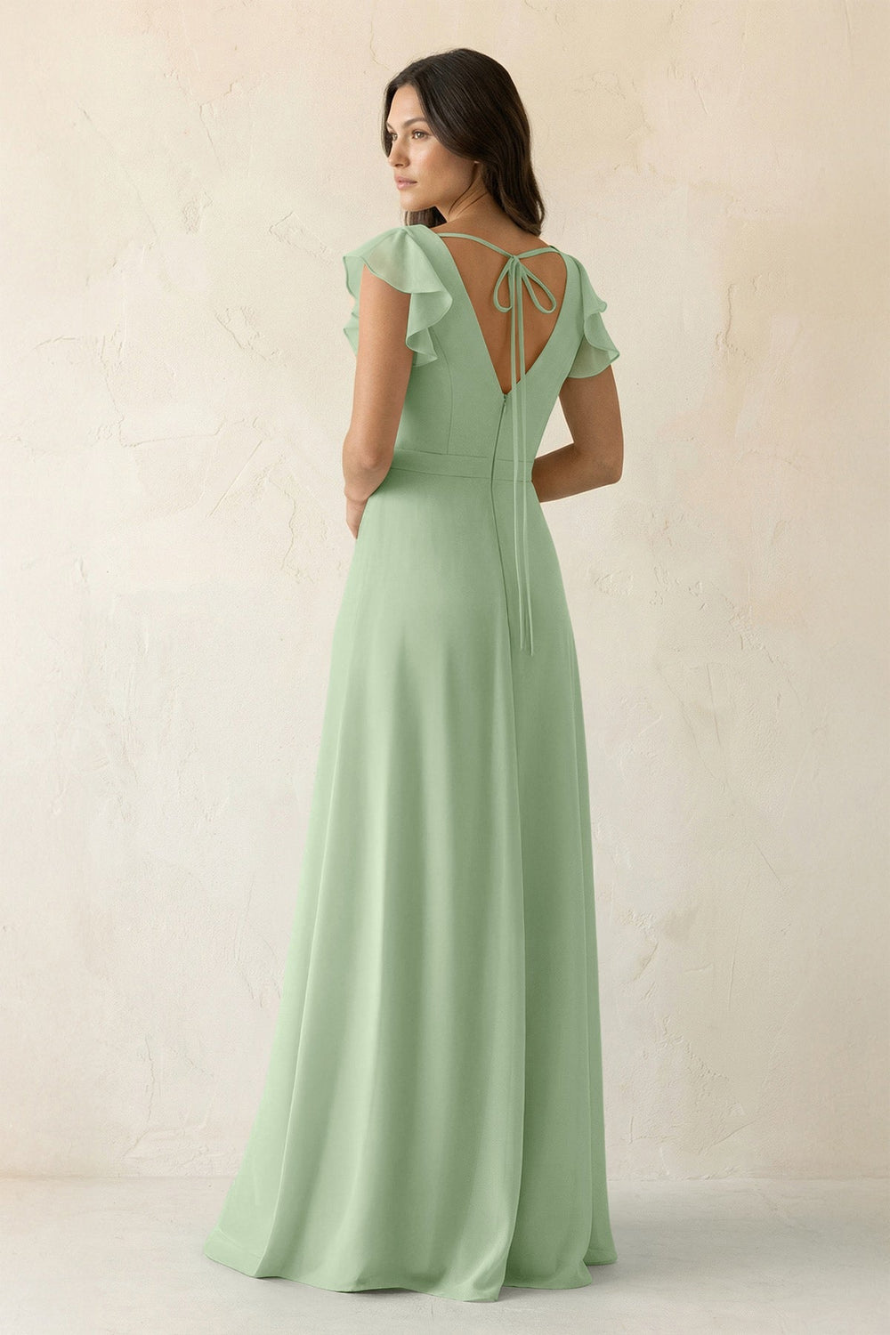V - Neck Ruffled A - Line Chiffon Bridesmaid Dress in Sage - SHE IS ME Bridesmaid Dresses