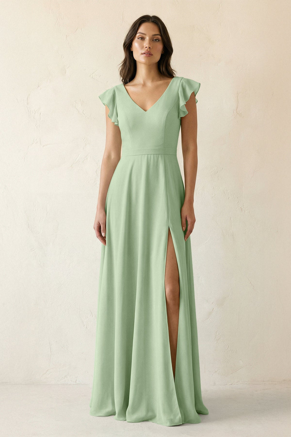 V - Neck Ruffled A - Line Chiffon Bridesmaid Dress in Sage - SHE IS ME Bridesmaid Dresses