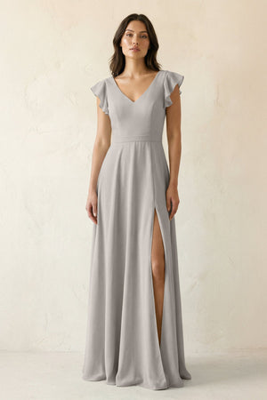 V - Neck Ruffled A - Line Chiffon Bridesmaid Dress in Silver - SHE IS ME Bridesmaid Dresses