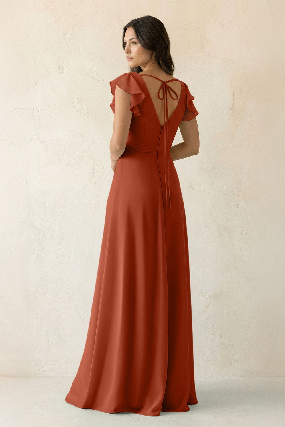 V - Neck Ruffled A - Line Chiffon Bridesmaid Dress in Spice - SHE IS ME Bridesmaid Dresses