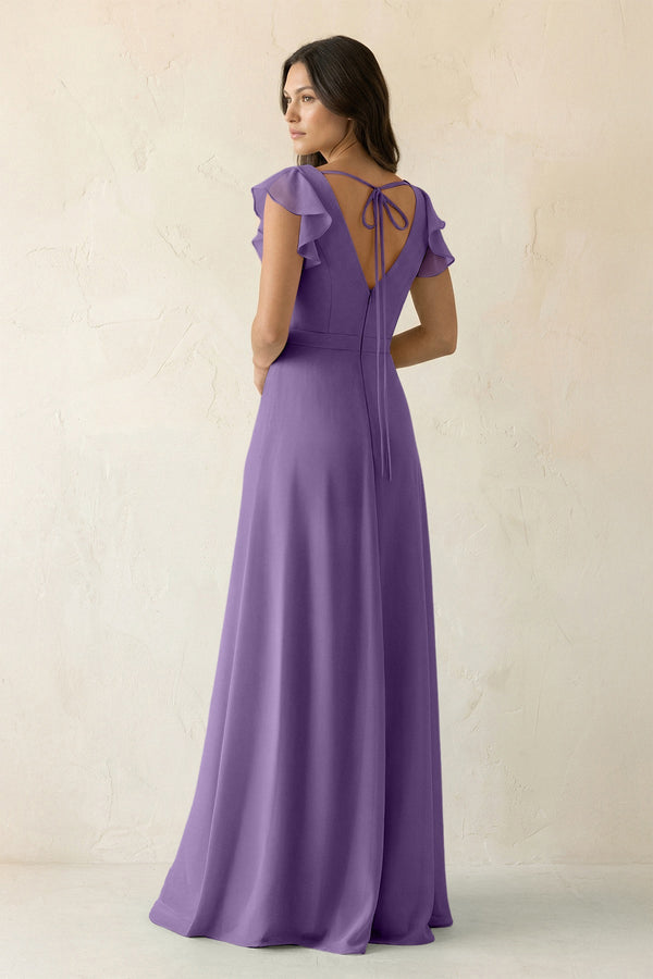 V - Neck Ruffled A - Line Chiffon Bridesmaid Dress in Tahiti - SHE IS ME Bridesmaid Dresses