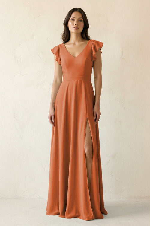 V - Neck Ruffled A - Line Chiffon Bridesmaid Dress in Terracotta - SHE IS ME Bridesmaid Dresses