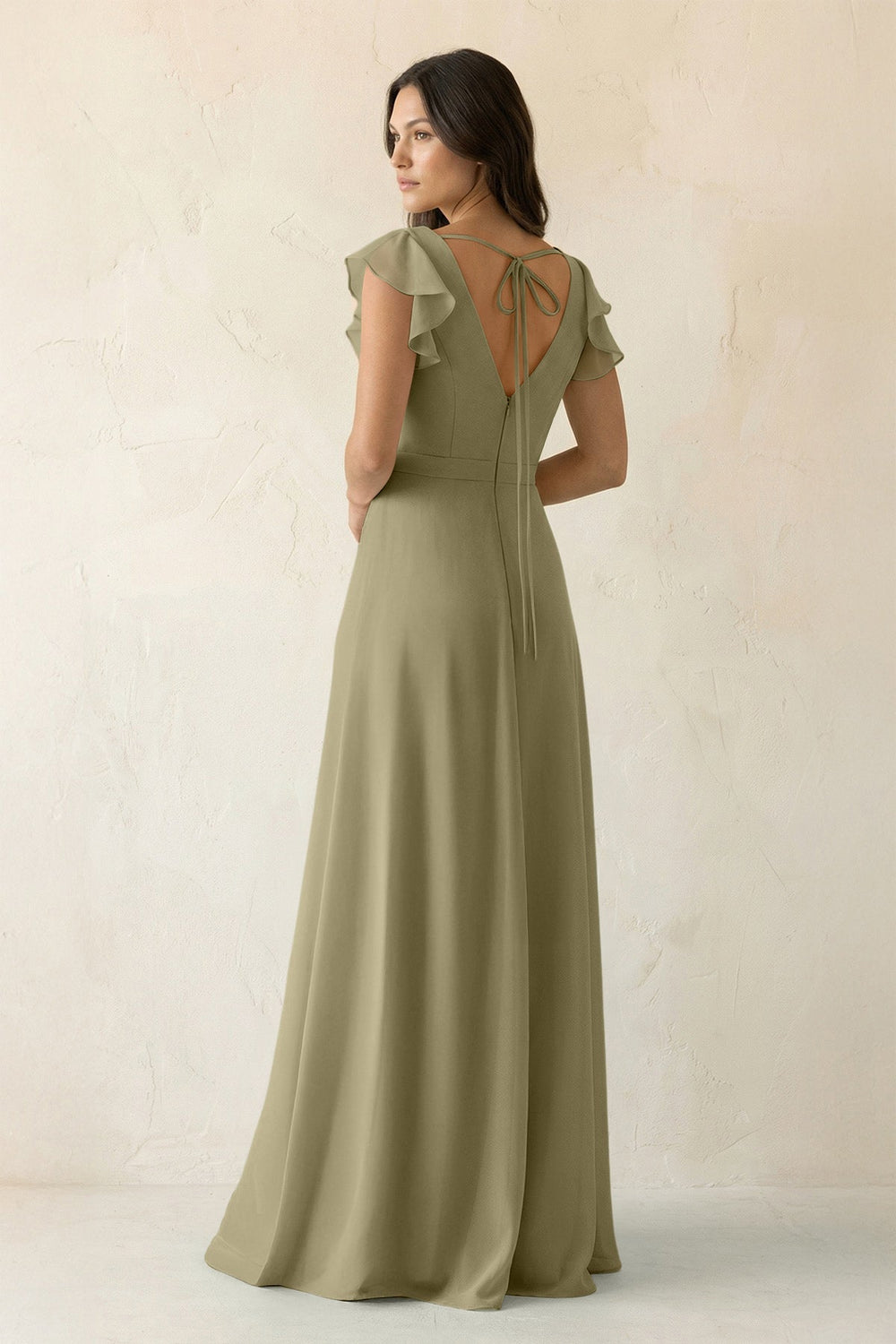 V - Neck Ruffled A - Line Chiffon Bridesmaid Dress in Thyme - SHE IS ME Bridesmaid Dresses