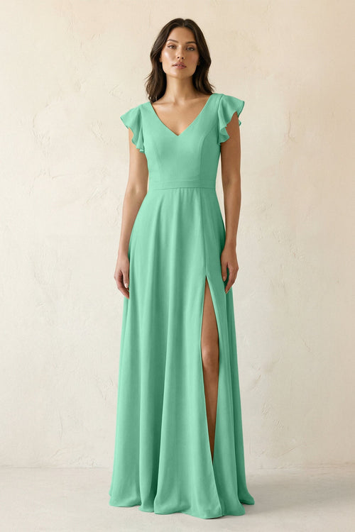 V - Neck Ruffled A - Line Chiffon Bridesmaid Dress in Turquoise - SHE IS ME Bridesmaid Dresses