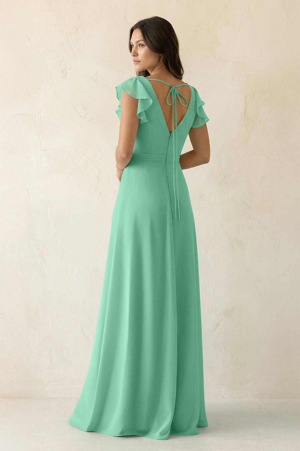 V - Neck Ruffled A - Line Chiffon Bridesmaid Dress in Turquoise - SHE IS ME Bridesmaid Dresses