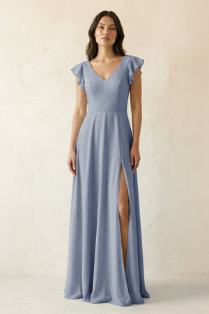 V - Neck Ruffled A - Line Chiffon Bridesmaid Dress in Twilight - SHE IS ME Bridesmaid Dresses