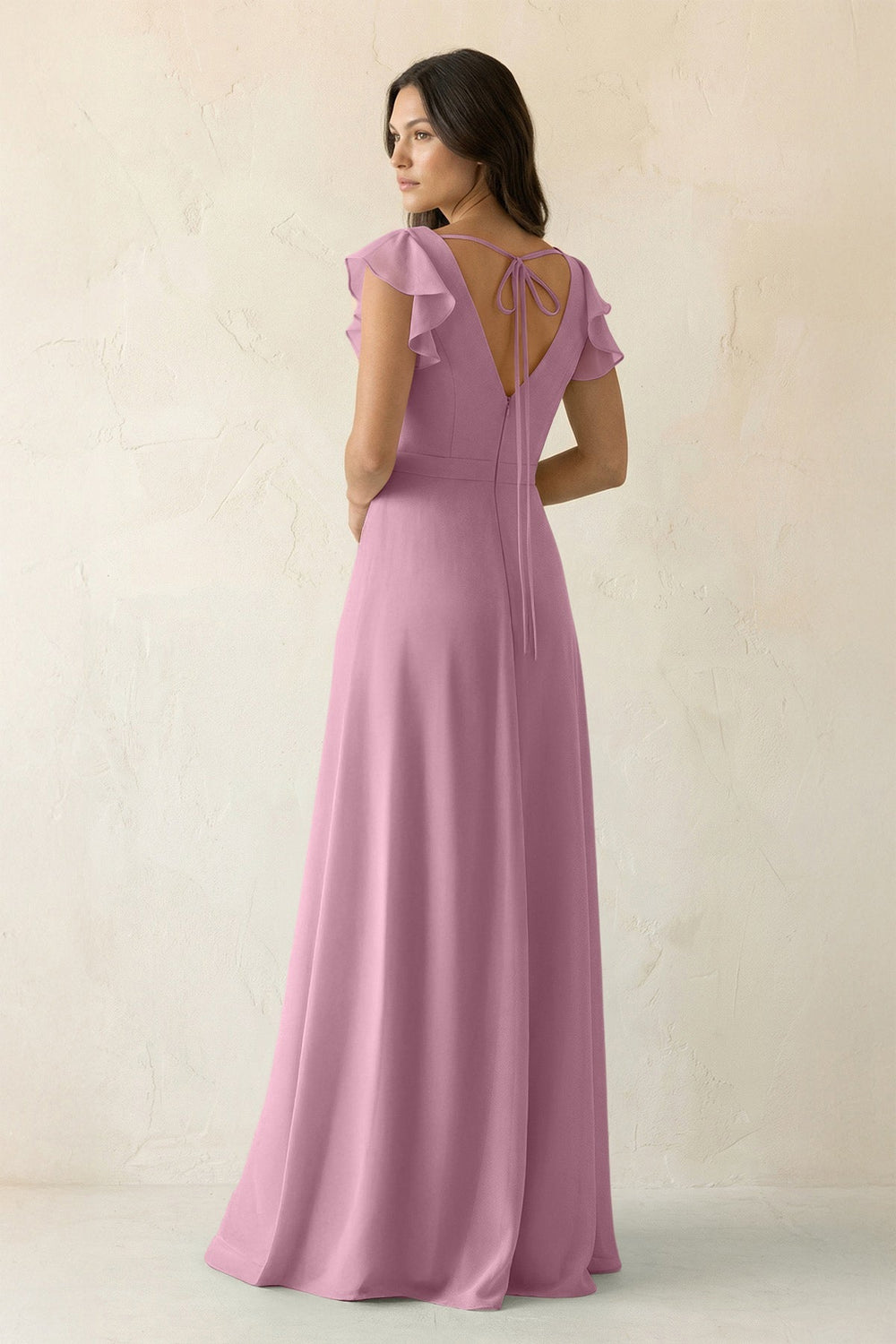 V - Neck Ruffled A - Line Chiffon Bridesmaid Dress in Vintage Mauve - SHE IS ME Bridesmaid Dresses