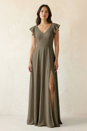 V - Neck Ruffled A - Line Chiffon Bridesmaid Dress in Willow Green - SHE IS ME Bridesmaid Dresses