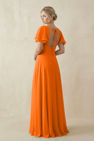 V - Neck Ruffled Short Sleeves A - Line Bridesmaid Dress in Cinnamon - SHE IS ME Bridesmaid Dresses