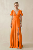 V - Neck Ruffled Short Sleeves A - Line Bridesmaid Dress in Cinnamon - SHE IS ME Bridesmaid Dresses