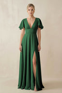 V - Neck Ruffled Short Sleeves A - Line Bridesmaid Dress in Dark Green - SHE IS ME Bridesmaid Dresses
