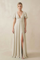 V - Neck Ruffled Short Sleeves A - Line Bridesmaid Dress in Dove Gray - SHE IS ME Bridesmaid Dresses