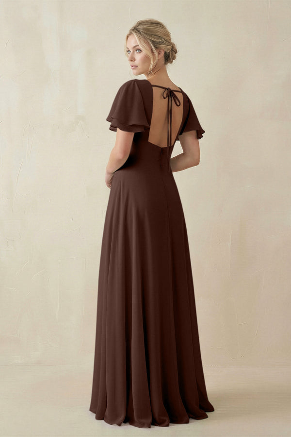 V - Neck Ruffled Short Sleeves A - Line Bridesmaid Dress in Espresso - SHE IS ME Bridesmaid Dresses