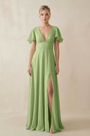 V - Neck Ruffled Short Sleeves A - Line Bridesmaid Dress in Matcha - SHE IS ME Bridesmaid Dresses
