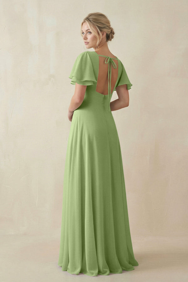V - Neck Ruffled Short Sleeves A - Line Bridesmaid Dress in Matcha - SHE IS ME Bridesmaid Dresses