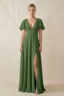 V - Neck Ruffled Short Sleeves A - Line Bridesmaid Dress in Moss - SHE IS ME Bridesmaid Dresses