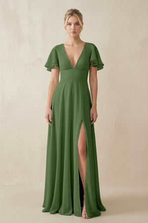 V - Neck Ruffled Short Sleeves A - Line Bridesmaid Dress in Moss - SHE IS ME Bridesmaid Dresses