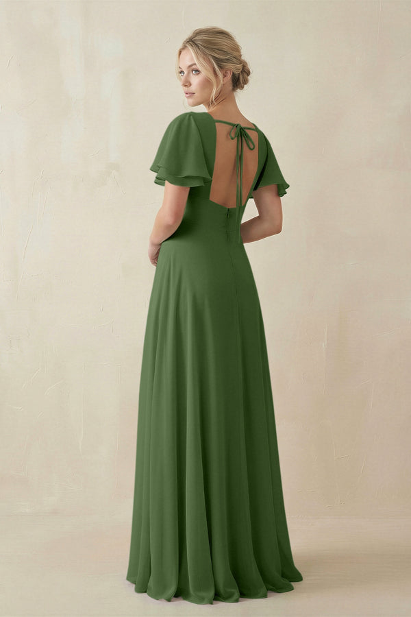 V - Neck Ruffled Short Sleeves A - Line Bridesmaid Dress in Moss - SHE IS ME Bridesmaid Dresses