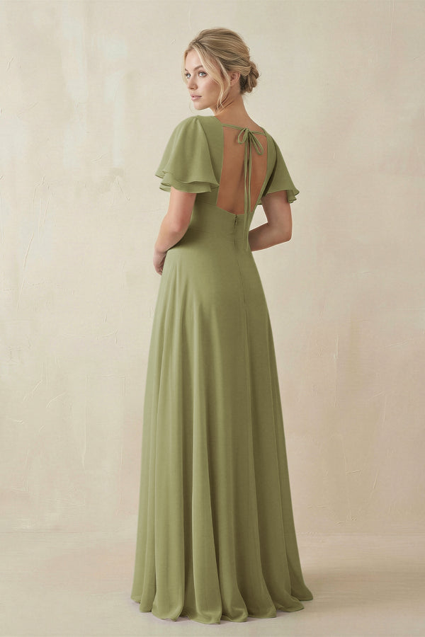 V - Neck Ruffled Short Sleeves A - Line Bridesmaid Dress in Moss Green - SHE IS ME Bridesmaid Dresses