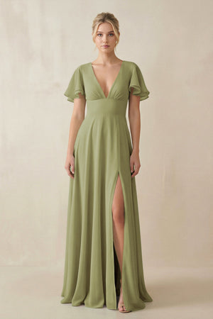 V - Neck Ruffled Short Sleeves A - Line Bridesmaid Dress in Moss Green - SHE IS ME Bridesmaid Dresses
