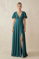 V - Neck Ruffled Short Sleeves A - Line Bridesmaid Dress in Pine - SHE IS ME Bridesmaid Dresses