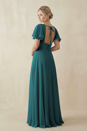 V - Neck Ruffled Short Sleeves A - Line Bridesmaid Dress in Pine - SHE IS ME Bridesmaid Dresses