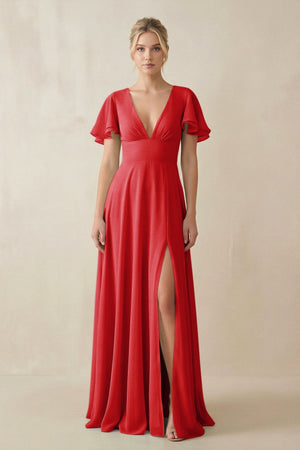 V - Neck Ruffled Short Sleeves A - Line Bridesmaid Dress in Ruby Red - SHE IS ME Bridesmaid Dresses