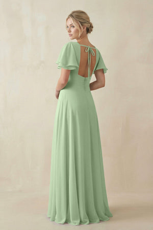 V - Neck Ruffled Short Sleeves A - Line Bridesmaid Dress in Sage - SHE IS ME Bridesmaid Dresses
