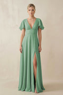 V - Neck Ruffled Short Sleeves A - Line Bridesmaid Dress in Sea Glass - SHE IS ME Bridesmaid Dresses
