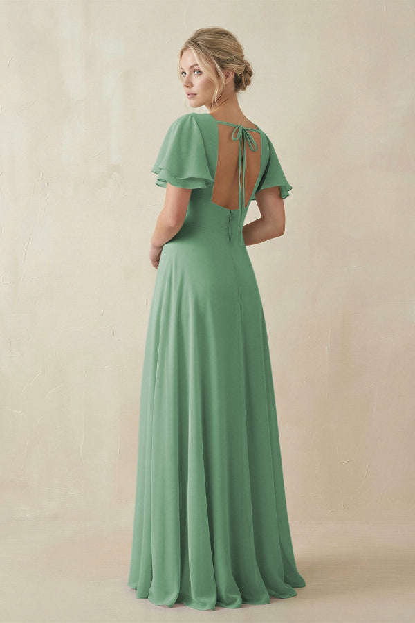 V - Neck Ruffled Short Sleeves A - Line Bridesmaid Dress in Sea Glass - SHE IS ME Bridesmaid Dresses