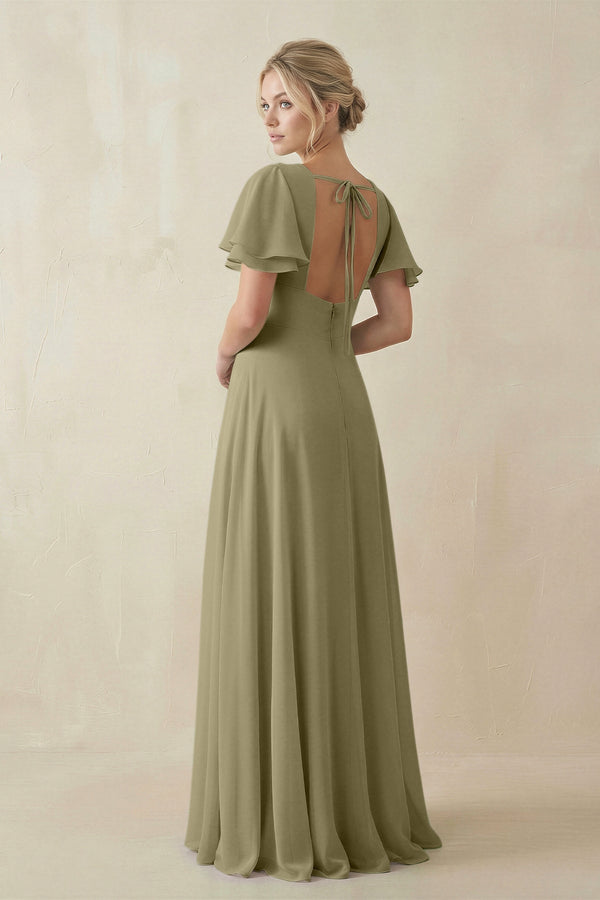 V - Neck Ruffled Short Sleeves A - Line Bridesmaid Dress in Thyme - SHE IS ME Bridesmaid Dresses