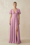 V - Neck Ruffled Short Sleeves A - Line Bridesmaid Dress in Vintage Mauve - SHE IS ME Bridesmaid Dresses