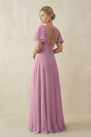 V - Neck Ruffled Short Sleeves A - Line Bridesmaid Dress in Vintage Mauve - SHE IS ME Bridesmaid Dresses