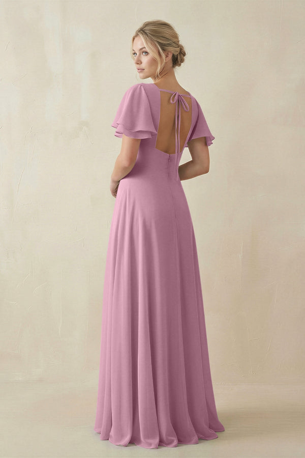 V - Neck Ruffled Short Sleeves A - Line Bridesmaid Dress in Vintage Mauve - SHE IS ME Bridesmaid Dresses