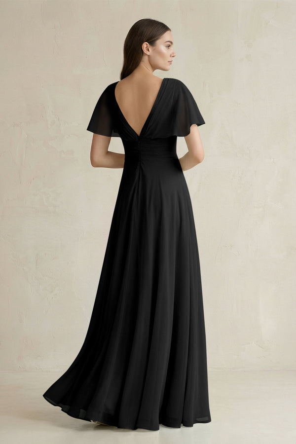 V - Neck Ruffled Sleeve A - Line Chiffon Bridesmaid Dress in Black - SHE IS ME Bridesmaid Dresses