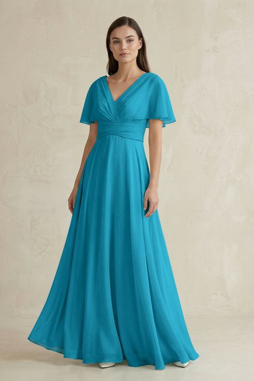V - Neck Ruffled Sleeve A - Line Chiffon Bridesmaid Dress in Blue Jay - SHE IS ME Bridesmaid Dresses