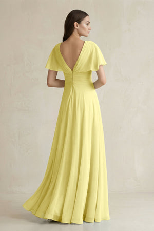 V - Neck Ruffled Sleeve A - Line Chiffon Bridesmaid Dress in Buttercup - SHE IS ME Bridesmaid Dresses