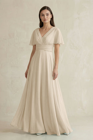 V - Neck Ruffled Sleeve A - Line Chiffon Bridesmaid Dress in Champagne - SHE IS ME Bridesmaid Dresses