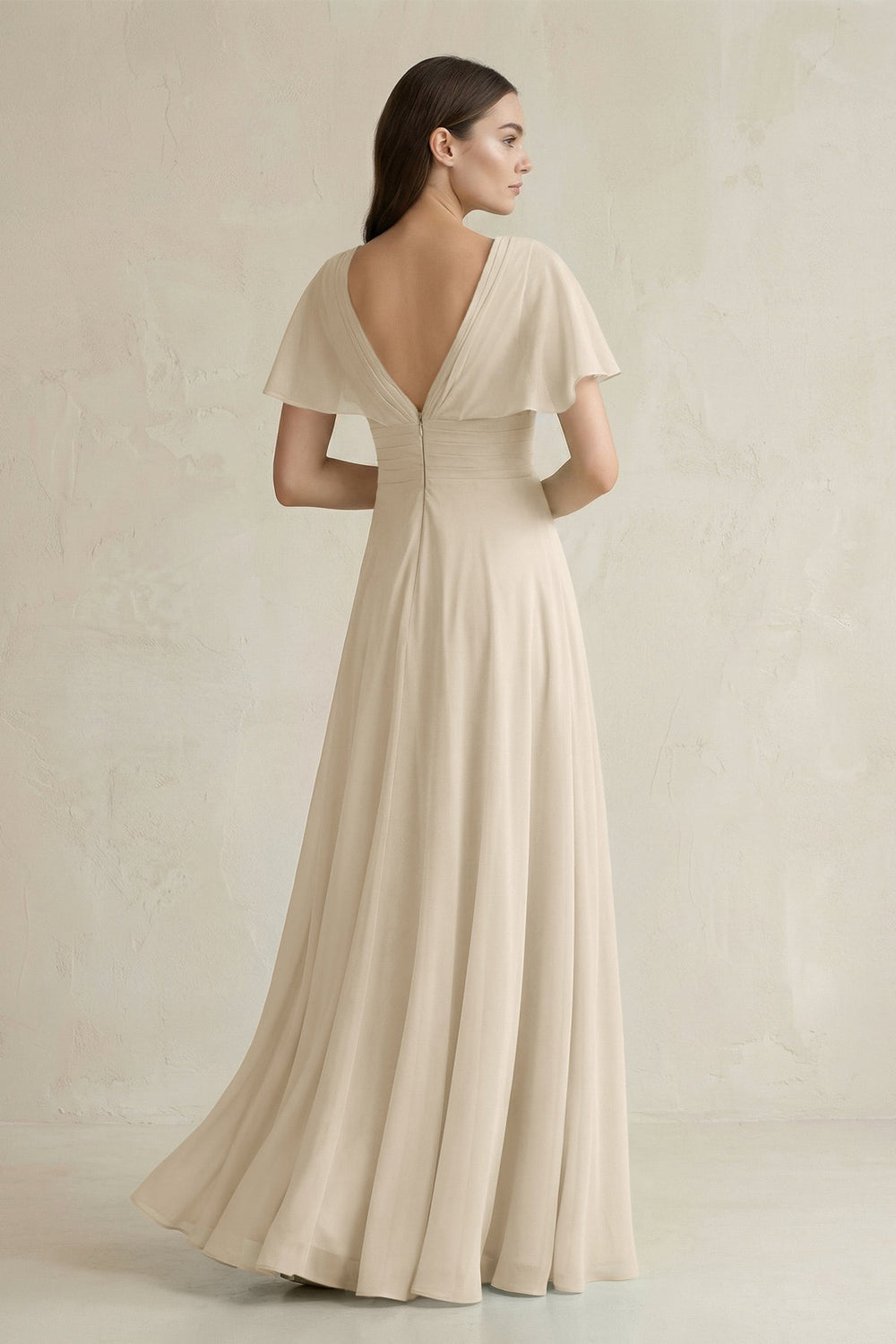 V - Neck Ruffled Sleeve A - Line Chiffon Bridesmaid Dress in Champagne - SHE IS ME Bridesmaid Dresses