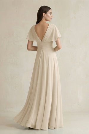 V - Neck Ruffled Sleeve A - Line Chiffon Bridesmaid Dress in Champagne - SHE IS ME Bridesmaid Dresses