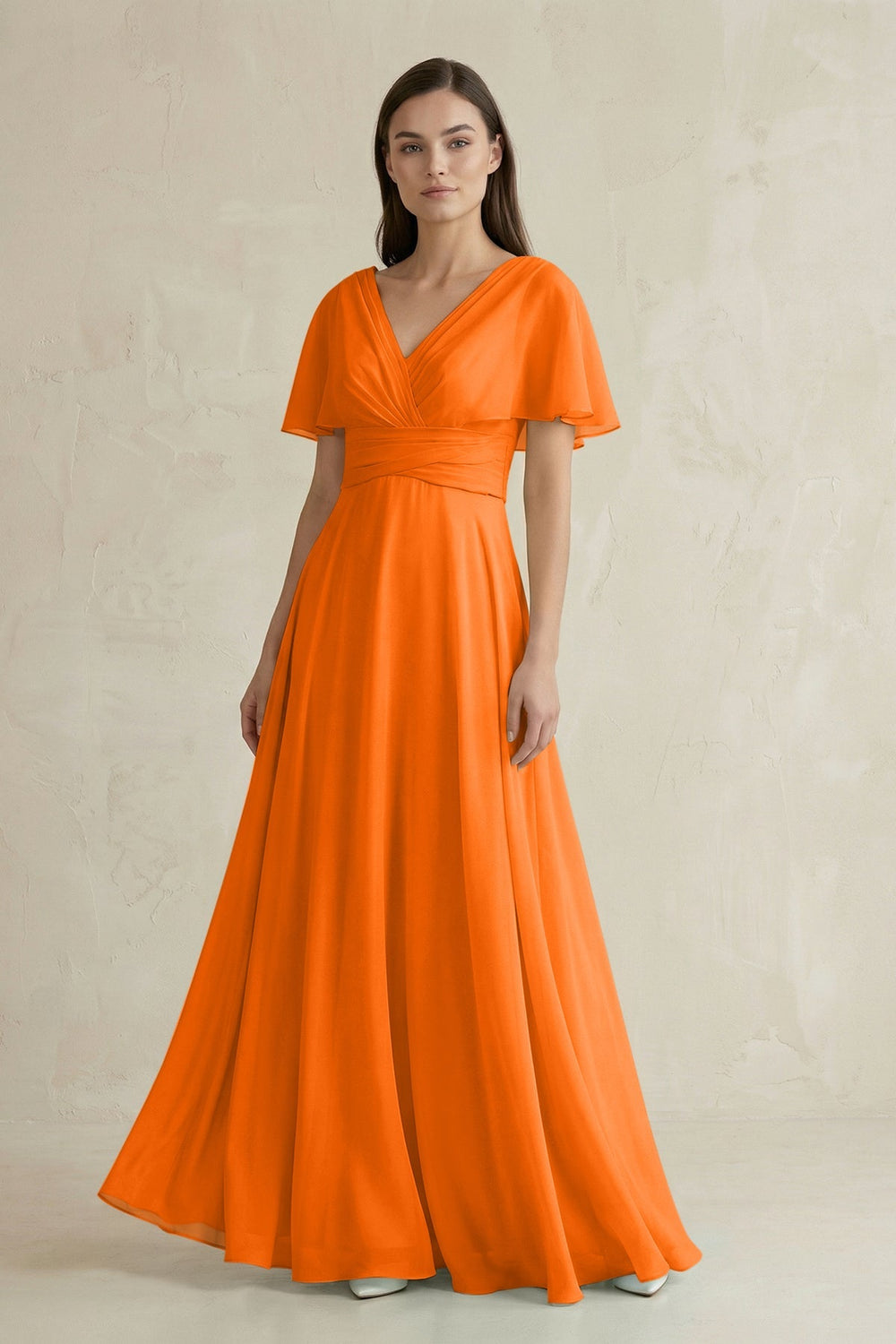 V - Neck Ruffled Sleeve A - Line Chiffon Bridesmaid Dress in Cinnamon - SHE IS ME Bridesmaid Dresses