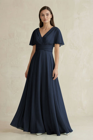 V - Neck Ruffled Sleeve A - Line Chiffon Bridesmaid Dress in Dark Navy - SHE IS ME Bridesmaid Dresses