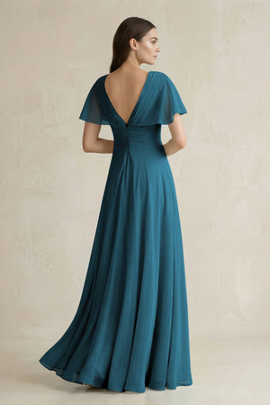 V - Neck Ruffled Sleeve A - Line Chiffon Bridesmaid Dress in Dark Teal - SHE IS ME Bridesmaid Dresses