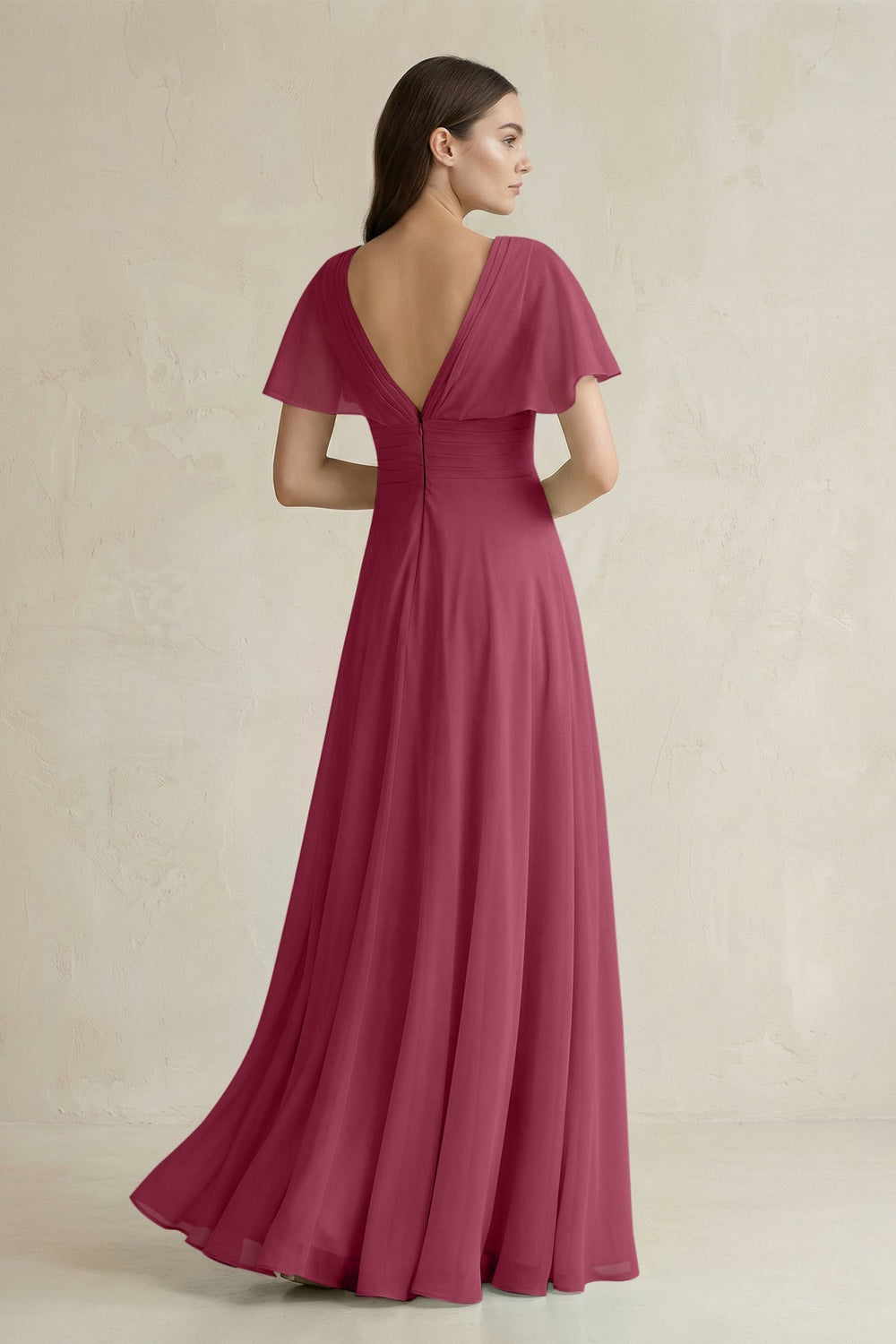 V - Neck Ruffled Sleeve A - Line Chiffon Bridesmaid Dress in Desert Rose - SHE IS ME Bridesmaid Dresses