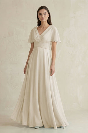 V - Neck Ruffled Sleeve A - Line Chiffon Bridesmaid Dress in Dove Gray - SHE IS ME Bridesmaid Dresses