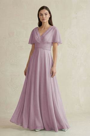 V - Neck Ruffled Sleeve A - Line Chiffon Bridesmaid Dress in Dusk - SHE IS ME Bridesmaid Dresses