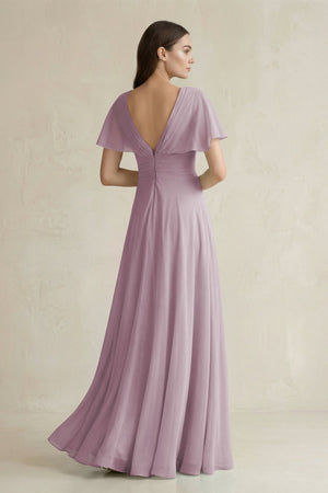 V - Neck Ruffled Sleeve A - Line Chiffon Bridesmaid Dress in Dusk - SHE IS ME Bridesmaid Dresses